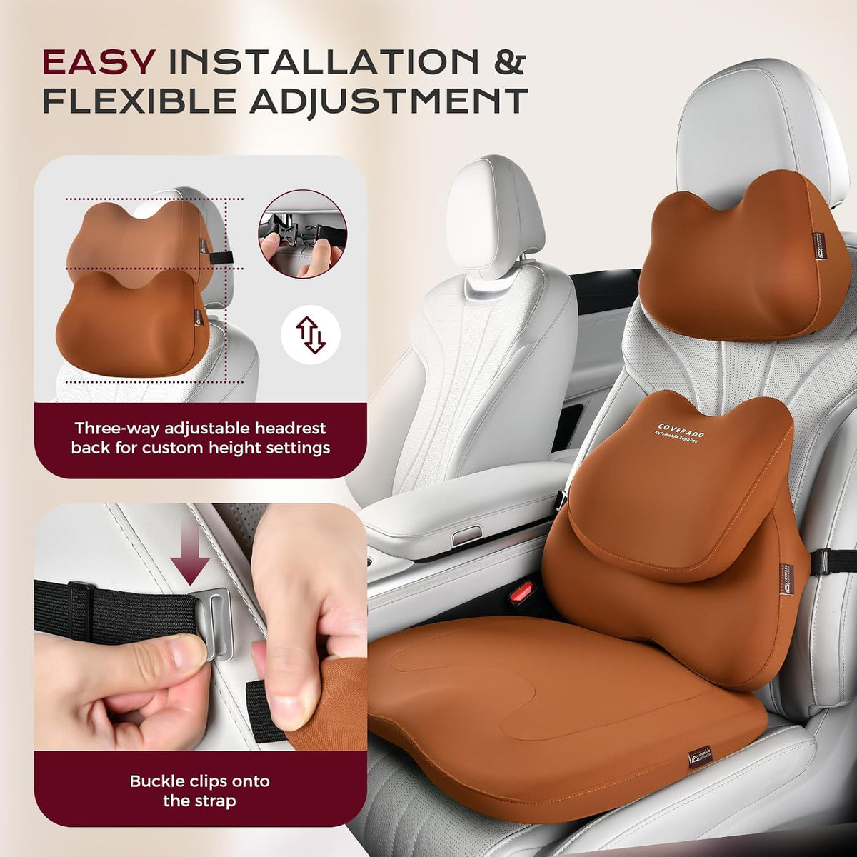 Coverado Car Seat Cushion and Lumbar Support Pillow with Headrest, Memory Foam Cooling Silk Ergonomic Cushion for Driving Back Neck Pain Relief Universal Fit Coffee