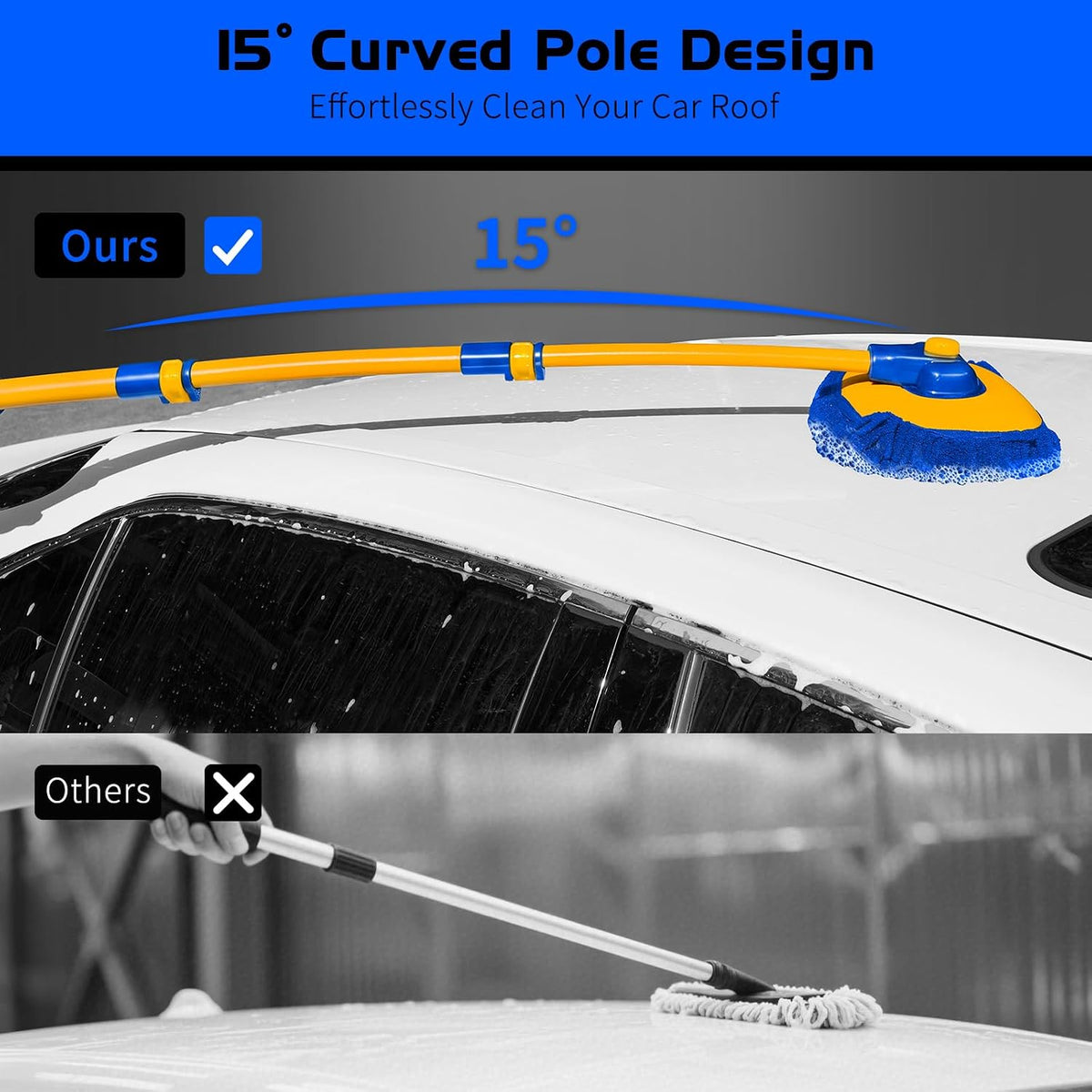 Ordenado 15° Curved Car Wash Brush with Long Handle, Scratch-Free Mop Head