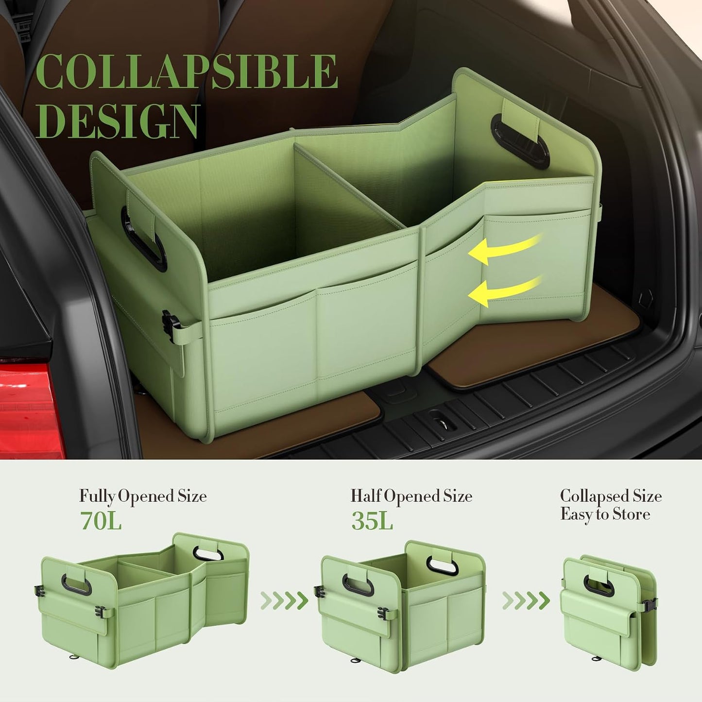 titiyiof Trunk Organizer For Suv & Sedan,Car Organizers and Storage, Waterproof Collapsible & Adjustable Straps,70L Sturdy Car Organization for Car Accessories, Tools,Sundries,2-3Compartment（Green