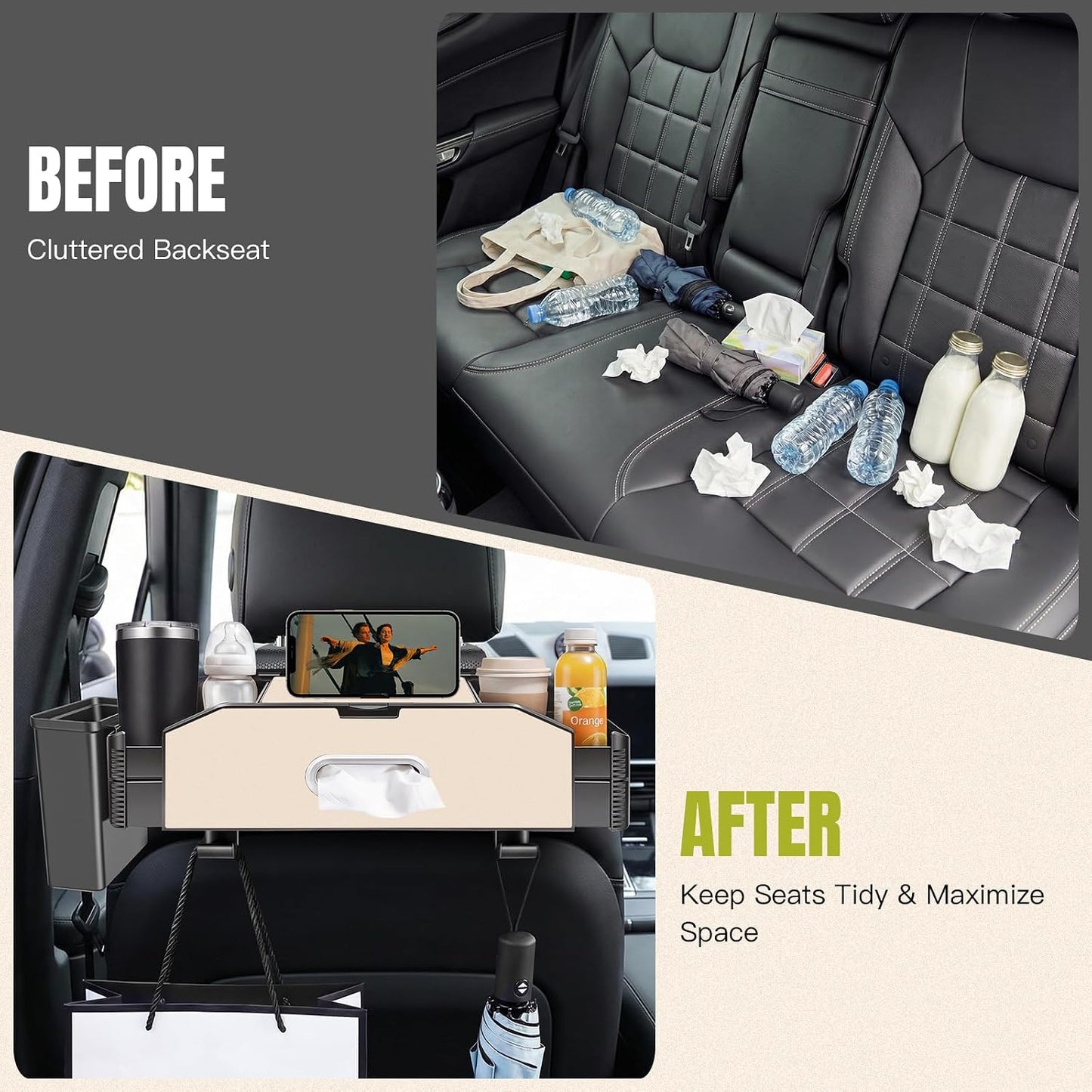 5-in-1 Back Seat Car Organizer and Storage with Extendable Cup Holder, Tissue Holder, Phone Holder, Hanging Hooks, Trash Bin, Back of Seat Car Headrest Organization Accessories for Women Man