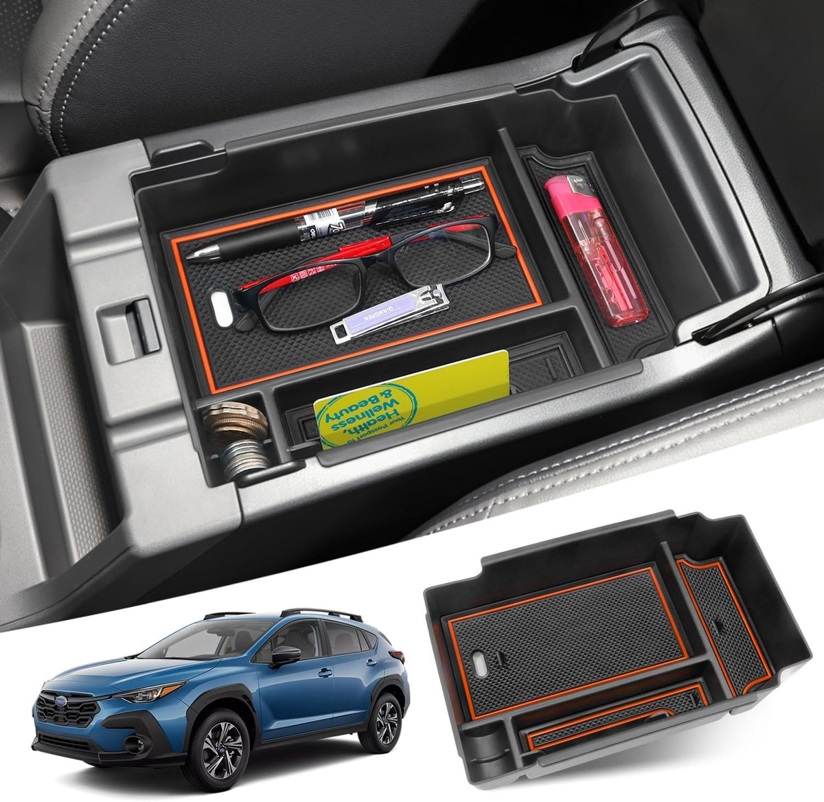 Center Console Organizer for Subaru Crosstrek & Impreza, Black Coin Holder
