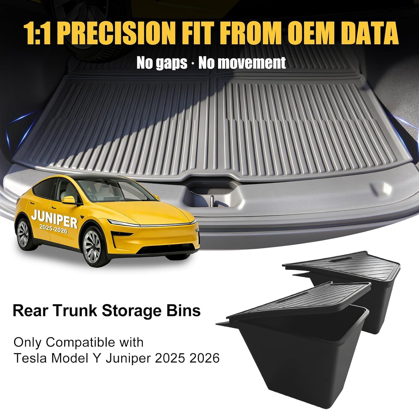 Trunk Storage Bins with Lids Custom Fit 2025 2026 Tesla Model Y Juniper 5 Seater, 2PCS Waterproof TPE Rear Side Cargo Organizer Boxes with Anti-Slip ABS Covers, Black