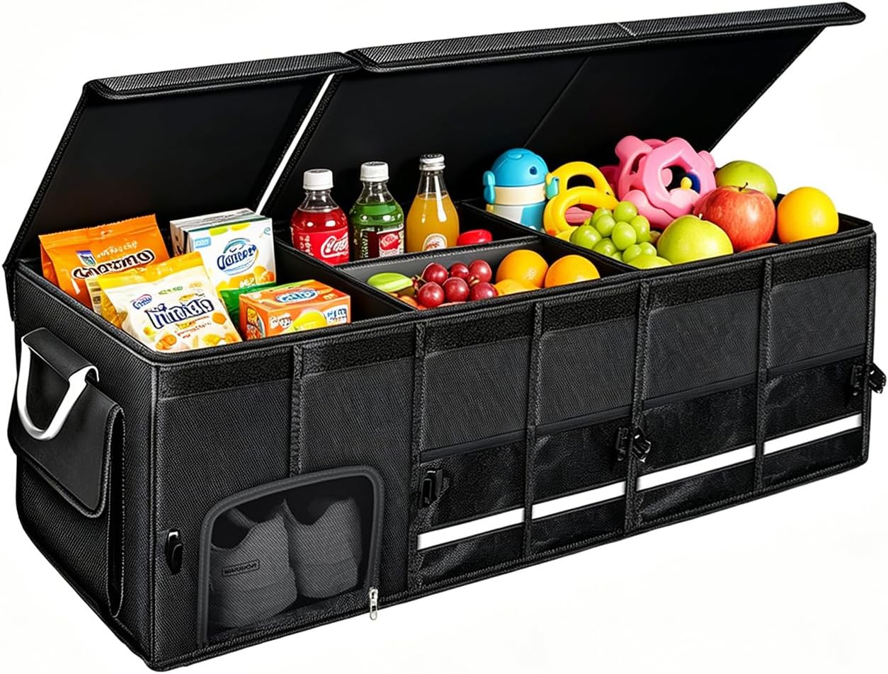 Car trunk organizer, Collapsible Multi-Compartments Car trunk Organizer with Shoes Storage Space, Reflective Strip, Perfect for Car & SUV (34.5 * 13.8 * 11.8 INCH)