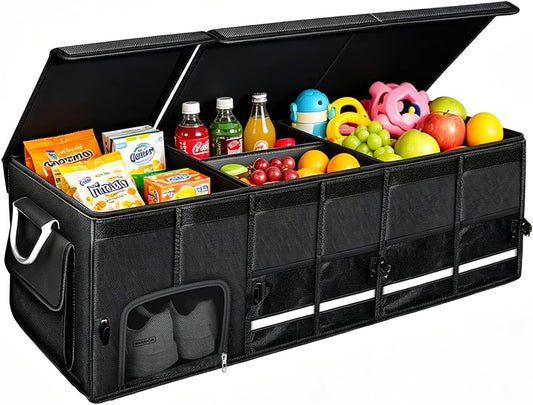 Car trunk organizer, Collapsible Multi-Compartments Car trunk Organizer with Shoes Storage Space, Reflective Strip, Perfect for Car & SUV (34.5 * 13.8 * 11.8 INCH)