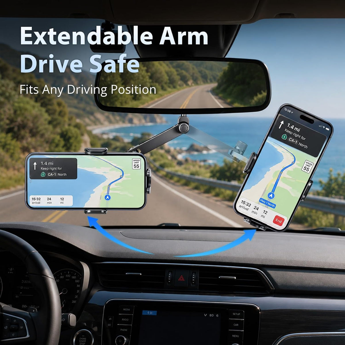 Aluminum Rearview Mirror Clip-On Universal Car Phone Mount