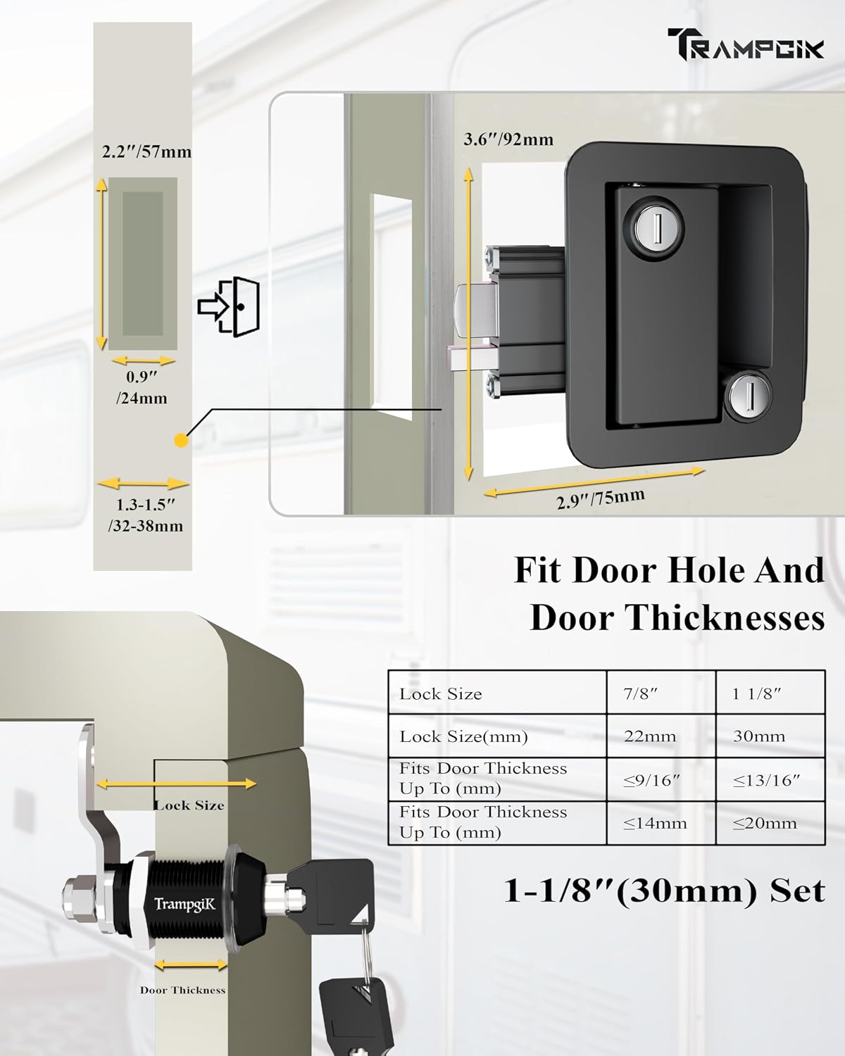 RV Door Lock Set, for RV Camper,Travel Trailer Entrance Front Door,1 Plastic Camper Door Lock + 2pcs Storage Locks, 1 1/8Inch Size, Black,All Keyed Alike