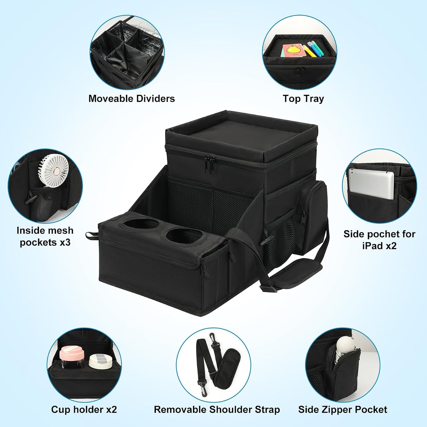 COOLBEBE Car Seat Organizer, Backseat Car Organizer with Cup Holders for Kids and Adults Travel, Cooler Compartment Passenger Seat Organizer Storage Box for Front or Middle Seat, Black