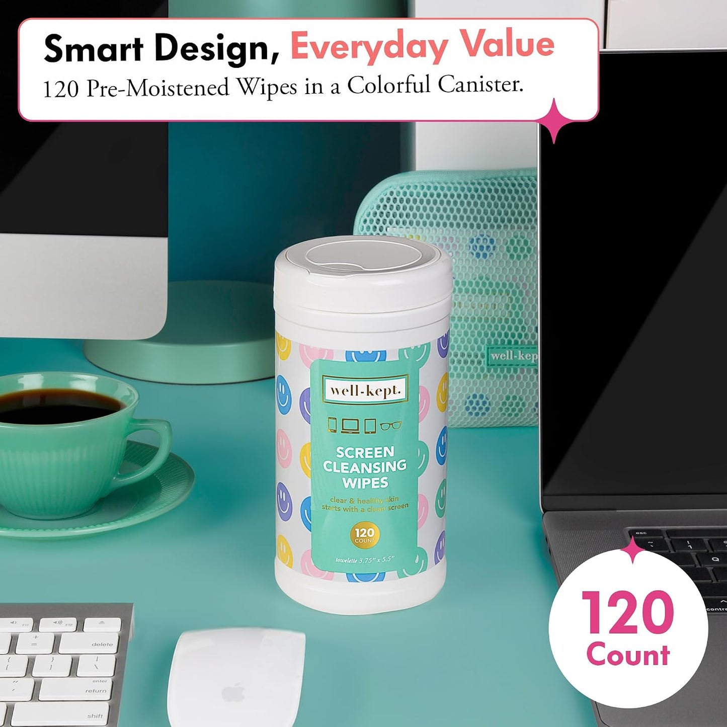 Well-Kept Tech & Lens Wipes - Eyeglass, Screen & Phone Cleaning, Multi-Surface, Lint-Free, Pre Moistened, Streak-Free & Non Scratching - NEW Size - All Smiles Canister, (120 Count)