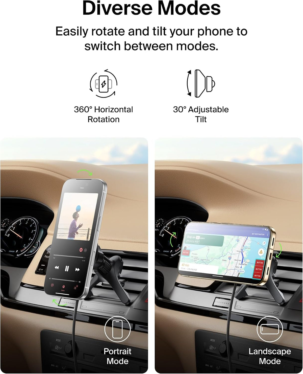 Belkin Qi2 15W Magnetic Wireless Vent Mount, Fast Charging Car Charger