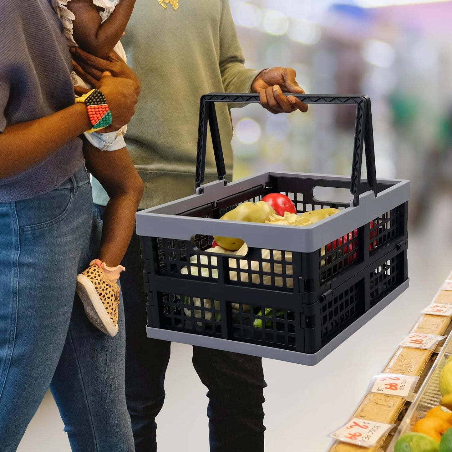2-Pack 15 L Plastic Collapsible Shopping Basket with Handle | Folding Storage Crates, Collapsible Design, Portable Carry Handle, Stackable Structure, for Shopping, Pantry & Garage