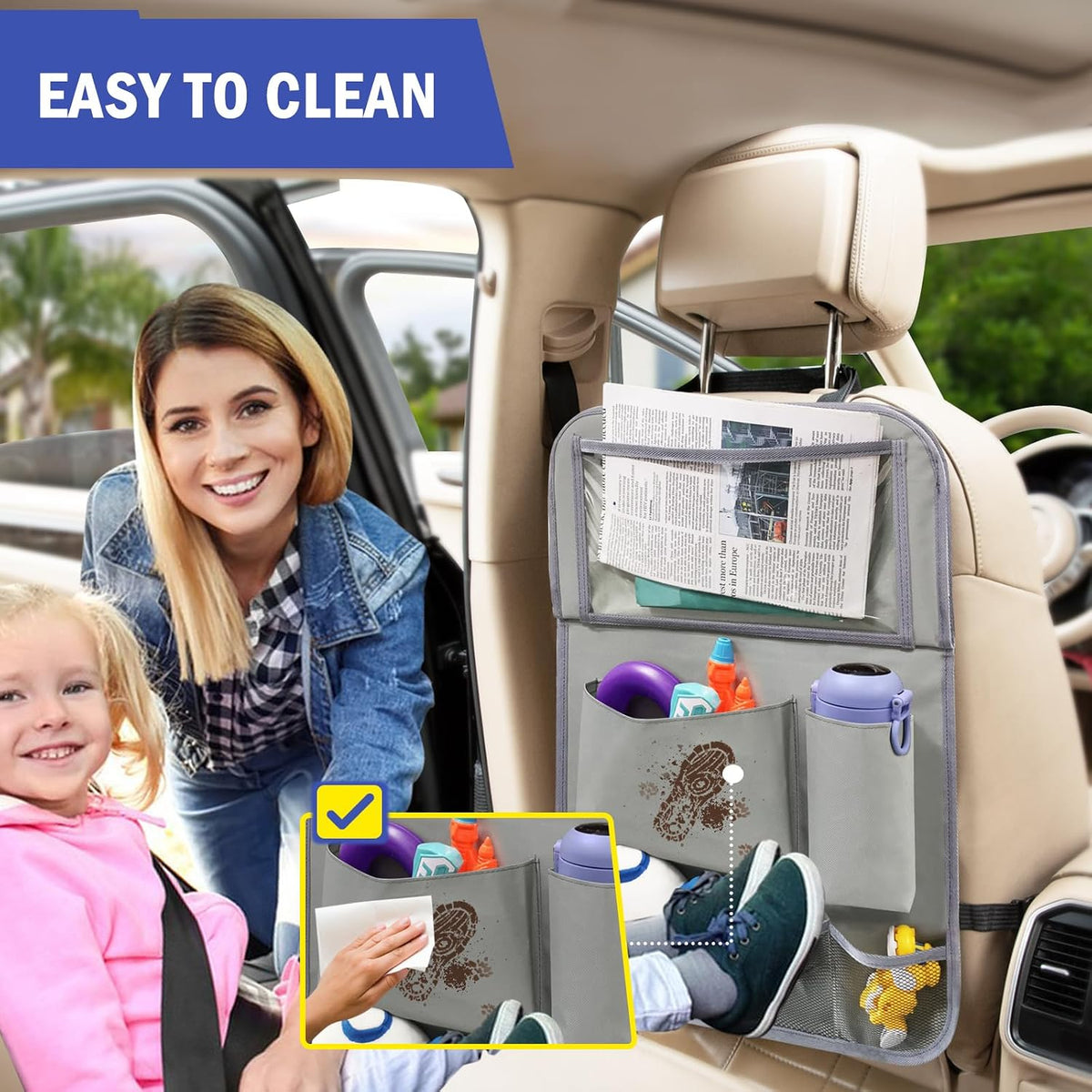 2Pack Car Backseat Organizer with Foldable Table Tray Grey