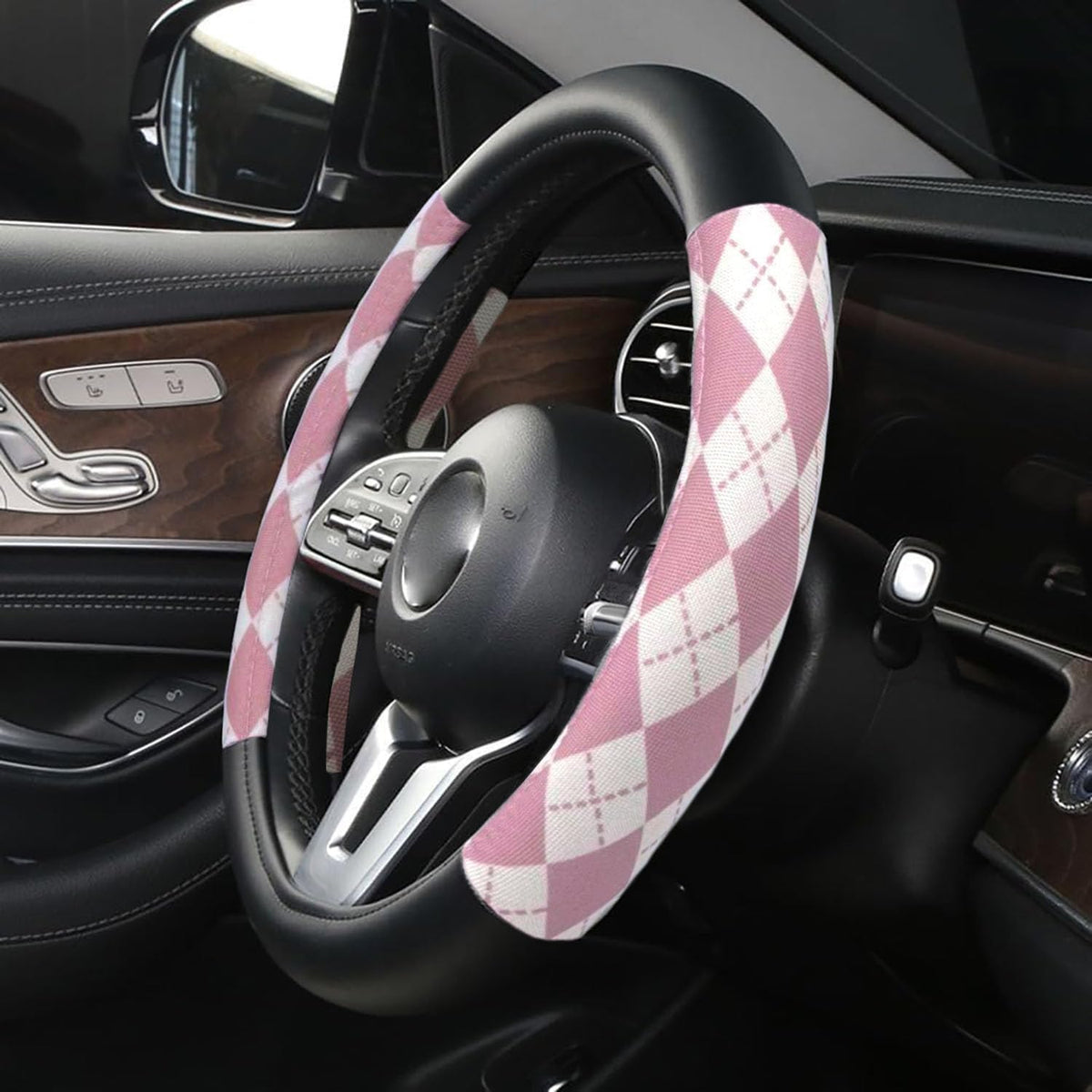 Dotesy Black White Checkered Plaid Car Steering Wheel Cover Leather 15 inch