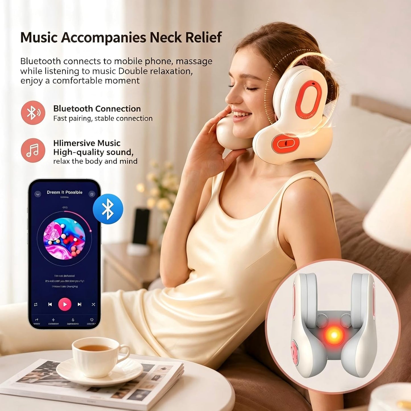 Travel Neck Pillow Noise Cancel Heat Vibration Bluetooth Music | Neck Support with Heating Vibration & Built-in Bluetooth Speaker Portable for Plane Car Travel Built-in Audio for Daily Rest