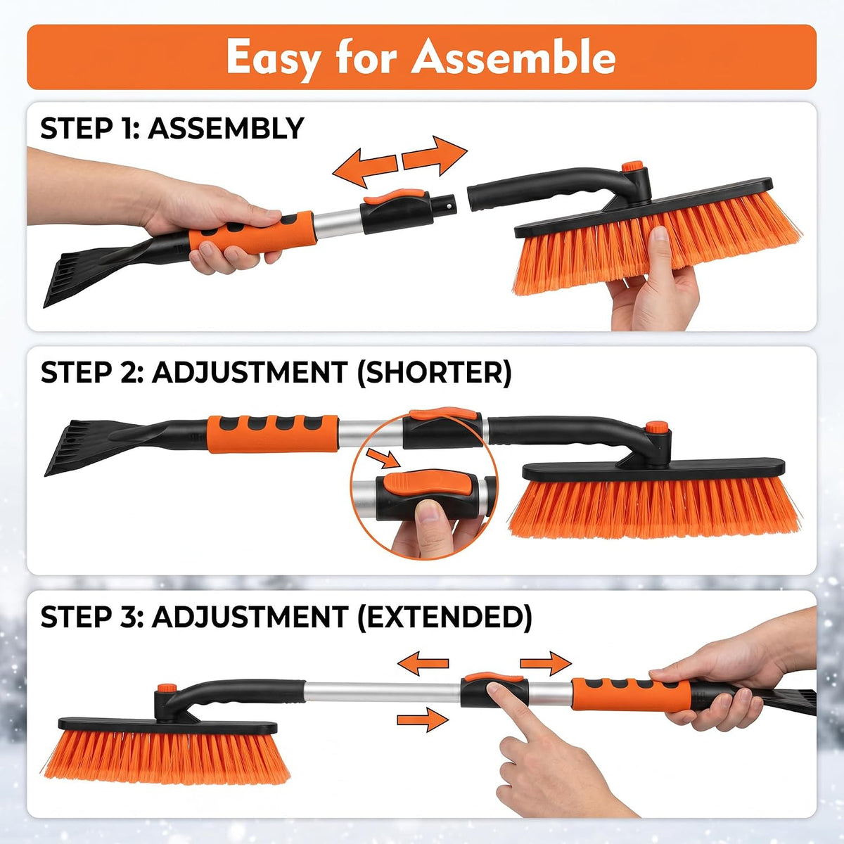 35" Extendable Snow Brush and Ice Scraper for Car Windshield,Detachable Snow Removal Tool with Ergonomic Foam Grip for Cars, Trucks, SUVs (Heavy Duty ABS, PVC Brush, Orange)