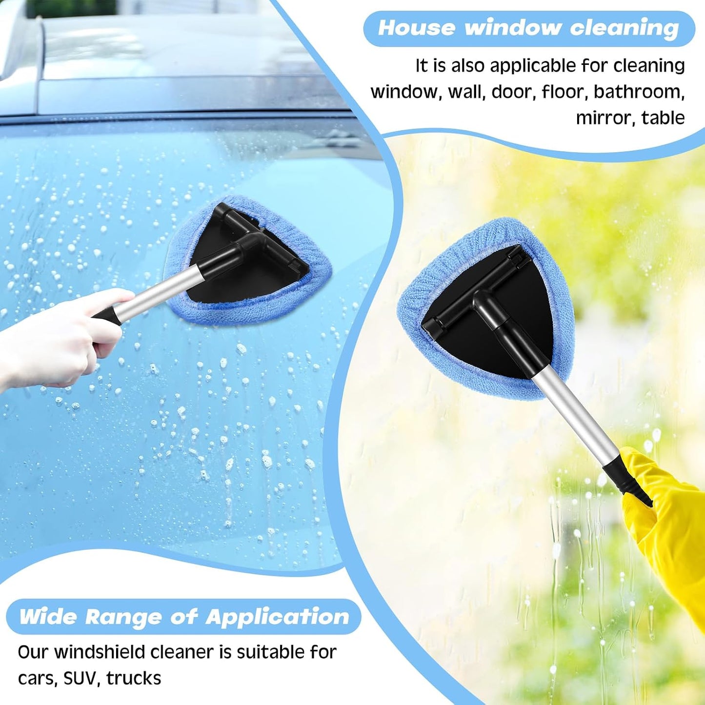 Baderke 10 Pcs Windshield Cleaner Tool Car Window Cleaning Supplies with Extendable Handle Include 6 Washable Microfiber Bonnets 2 Empty 60ml Spray Bottle Glass Wiper Kit(Light Blue)