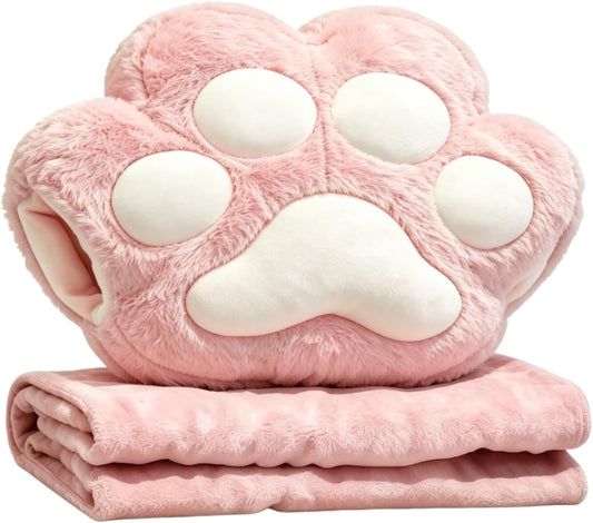 RYOLOY Cat Paw Warm Hand Pillow,with 66 * 35Inch Travel Blanket,2 in 1 Travel Pillow and Blanket Set,for Car Office Camping Essentials (Pink)