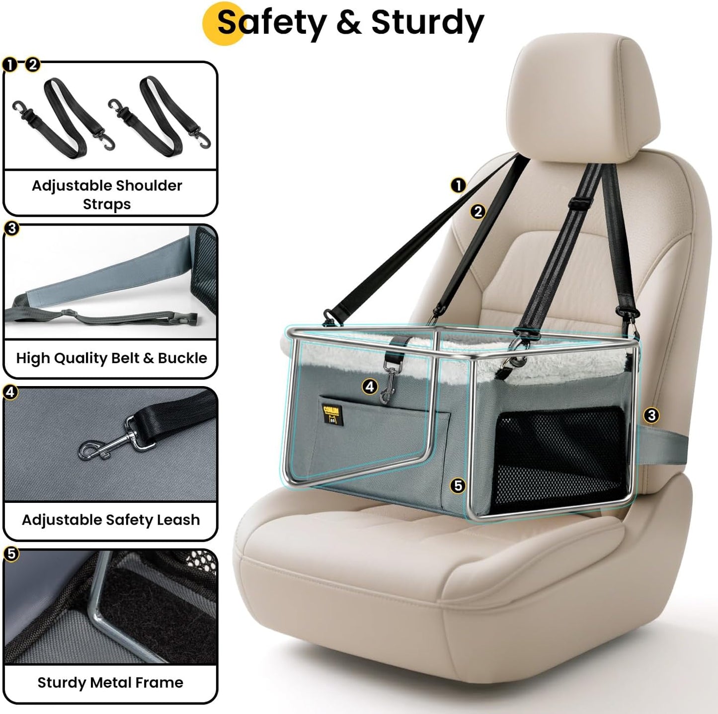 Conlun Dog Car Seat Booster for Small Pet Under 20lbs, Portable Travel Puppy Car Seat with Internal Steel Frame, Comfort Cushion & Storage Pockets, Adjustable Straps Fit Most Cars, Grey