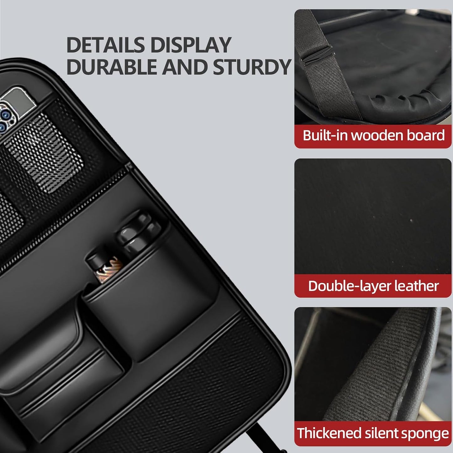 2 Pack Leather Car Backseat Organizer with Foldable Table Tray, Universal Car Seat Back Protector Kick Mat with Touchscreen Tablet Holder, Storage Pockets, Cup Holders & Tissue Holder, Black
