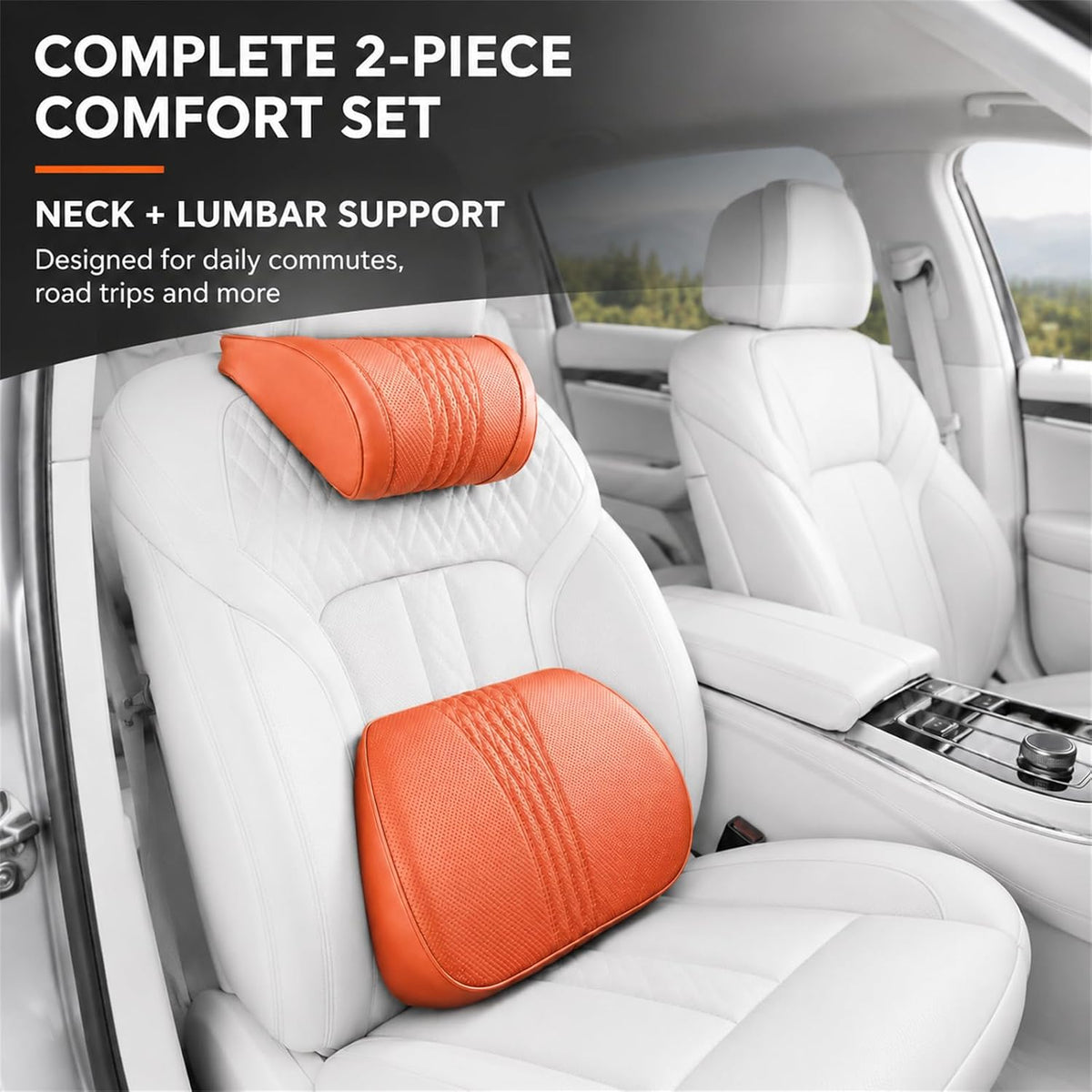 Universal Memory Foam Car Headrest Neck Pillow and Lumbar Support Pillow Set Ergonomic 2 Piece Car Seat Back Cushion with Breathable PU Leather Adjustable Straps for Driving SUVs Trucks，Purple