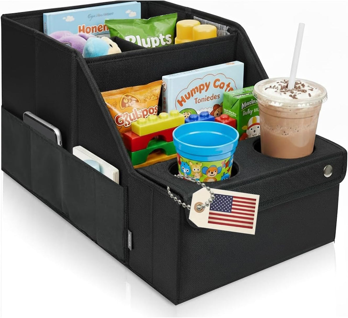 Heavy Duty Back Seat Car Organizer with 11 Adjustable Storage Compartments and 2 Collapsible Cup Holders - Car Seat Organizer for Kids, Travel, Camping & Household Storage