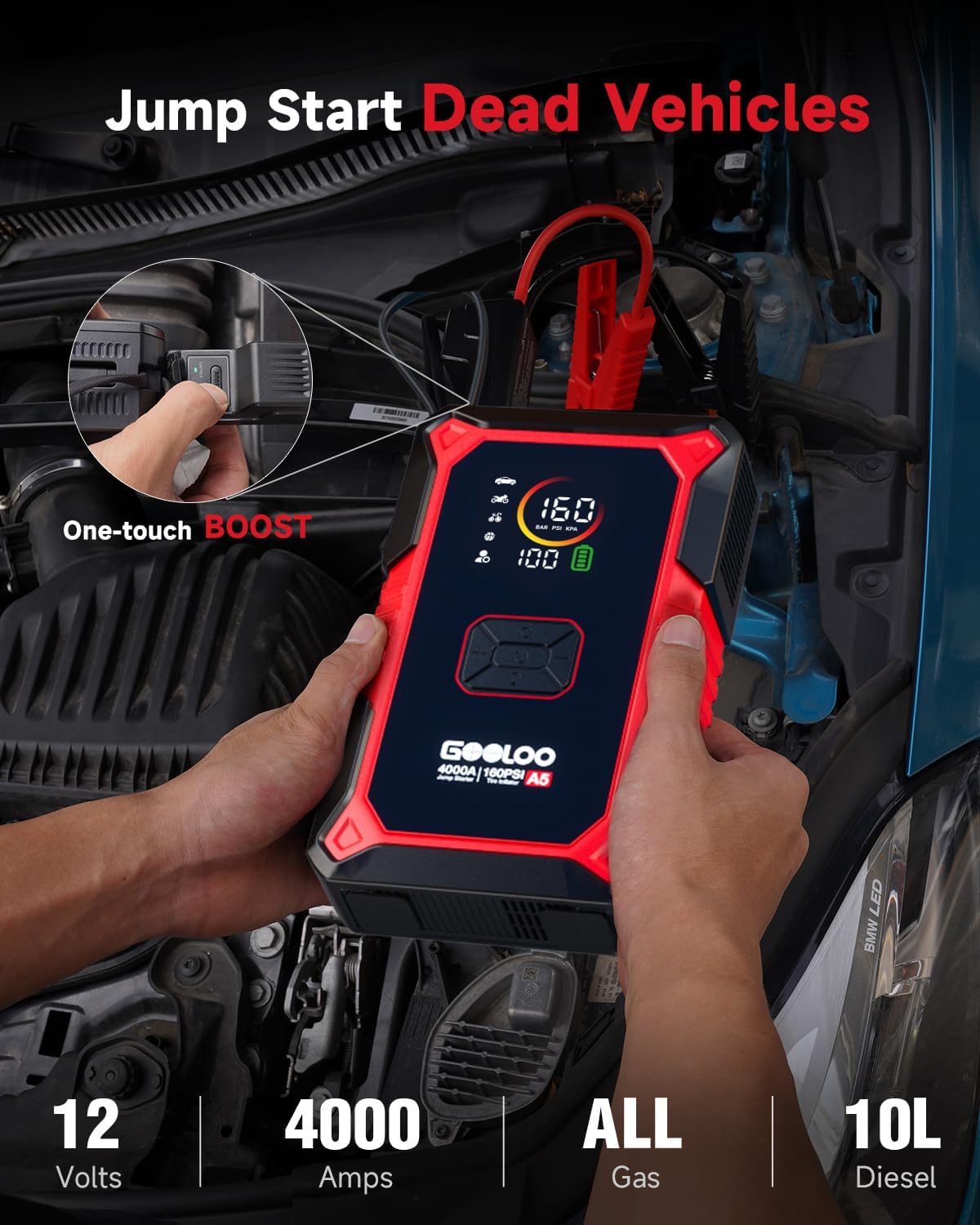 GOOLOO A5 Jump Starter with Air Compressor, 4000A Portable Jump Box