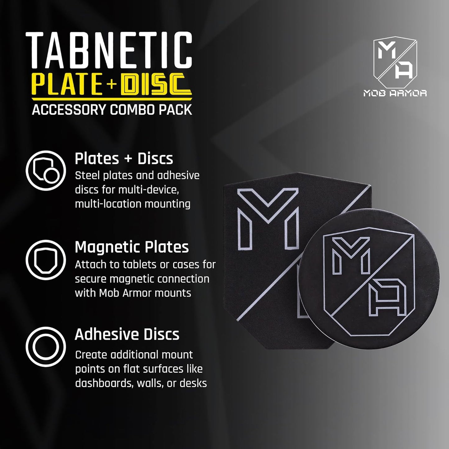Mob Armor TabNetic Combo Pack - Magnetic Tablet Mounting Solution with Heavy Duty Metal Plate, Adjustable Mounting Disc and Strong 3M VHB Non-Marking Adhesive Magnet Stickers for Car Tablet Mount