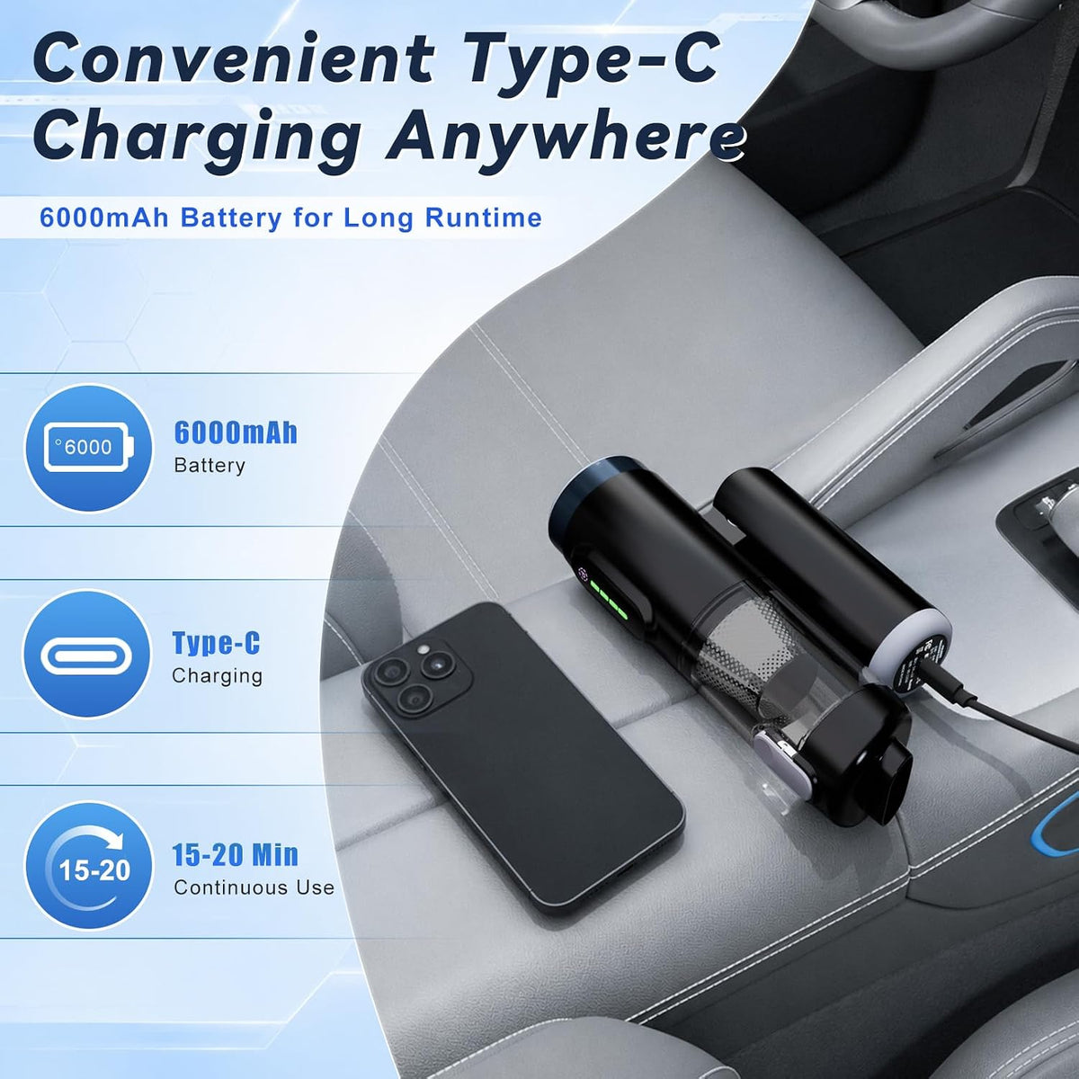 Handheld Car Vacuum Cordless, Foldable 20000Pa Portable Vacuum Cleaner with with Vacuum & Blower, Rechargeable with LED Display, USB-C Charging, Washable HEPA Filter for Car, Truck, SUV & Home
