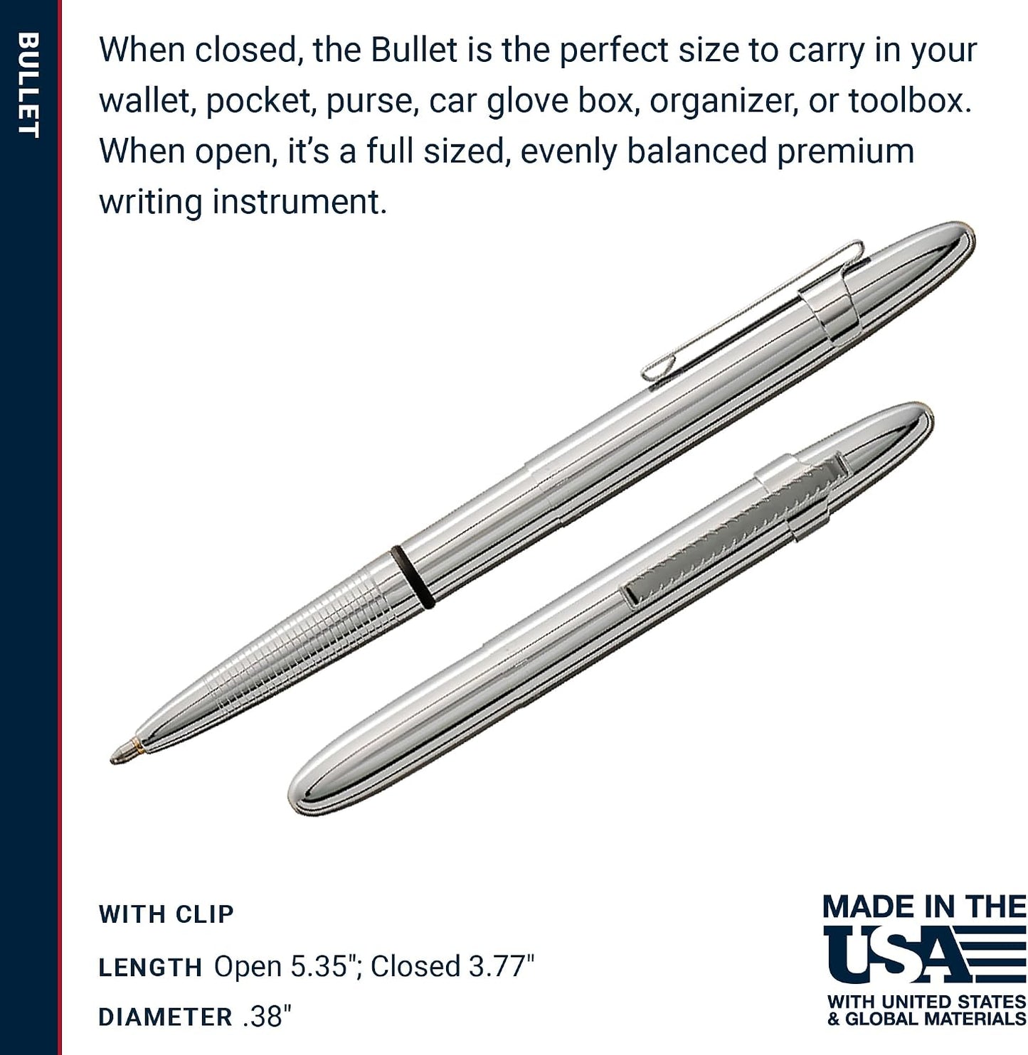 Fisher Space Pen Chrome Bullet Pen, Pressurized Ballpoint Pen, Compact Size, Writes Upside Down and in Extreme Temperatures, Smooth Black Ink, Medium Point, Pocket Clip, Gift Box, Made in USA