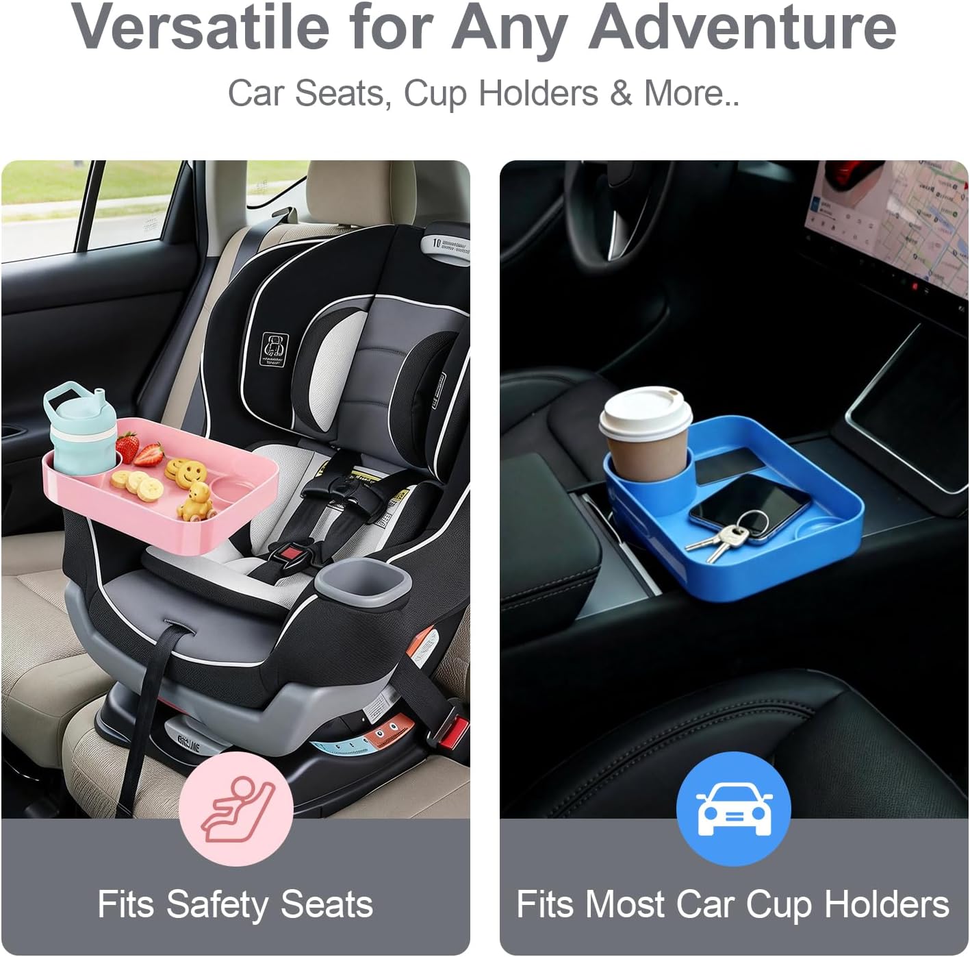 [Pink+Blue] Car Seat Snack Tray for Toddlers - 3 Inch Cup Holder Fits Most Sippy Cups & Straw Bottles with Dip Well, Mess-Free Square Kids Travel Tray Road Trip Essentials, Blue & Pink