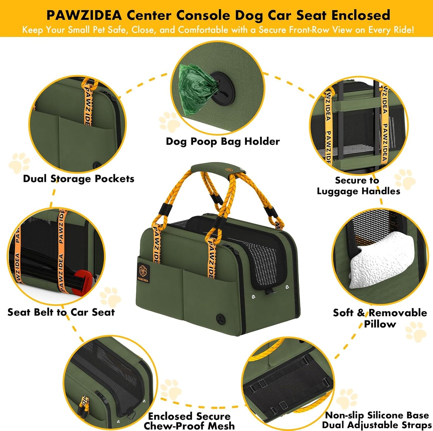 PAWZIDEA Center Console Dog Car Seat, Enclosed Small Dog Armrest Booster Carseat, Secure Straps &Anti Slip, Portable TSA Approved Puppy Pet Carrier Soft-Sided, Removable Pillow Storage Pocket, up 12lb