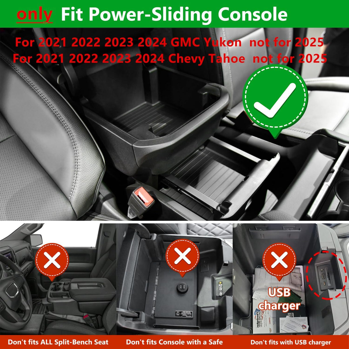 Center Console Organizer Accessories fits for 2021-2024 GMC Yukon Chevy Tahoe Suburban（ Only Fit for Power Sliding Console）（not for 2025 Models）