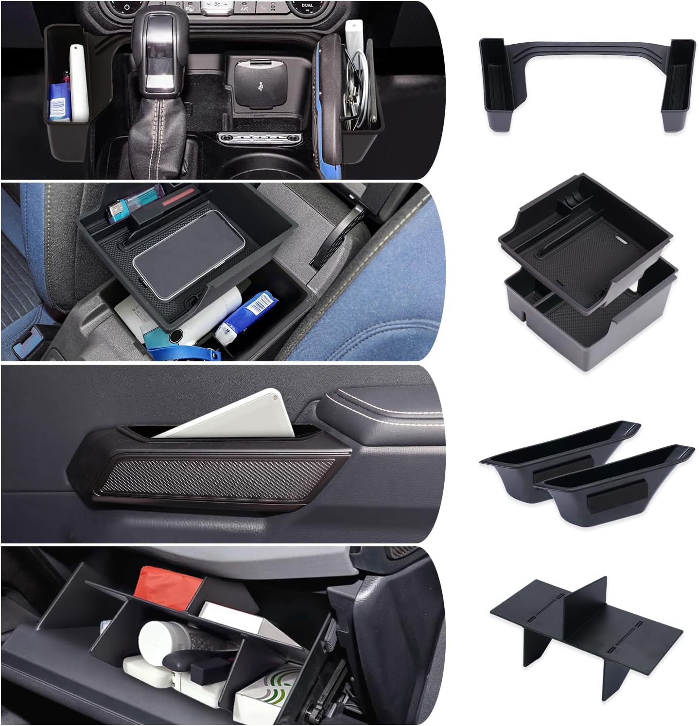 4PCS for Ford Bronco Accessories 2024 2021 2022 2023 2/4 Door Car Interior Bronco Accessories Console Shifter Storage,Glove Box Dividers Organizer,Handle Organizer,Armrest Storage Box（not for 2025)