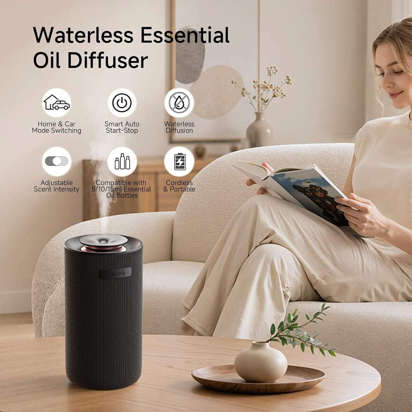 Nimin Smart Auto Start-Stop Car Diffuser, Waterless Essential Oil Diffuser for Home & Car, 2000mAh Battery Powered Cordless Scent Machine, Fits 5/10/15ml Bottles, Black