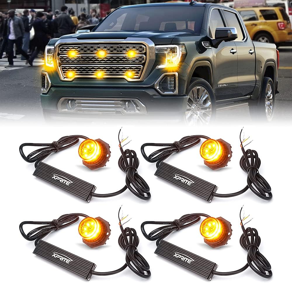 Xprite White LED Hideaway Strobe Lights Kit with 14 Flash Patterns, Surface Mount Headlight Taillight Grill Flashing Light for Construction Towing Snow Plow Pickup Work Trucks Cars - 4PCS