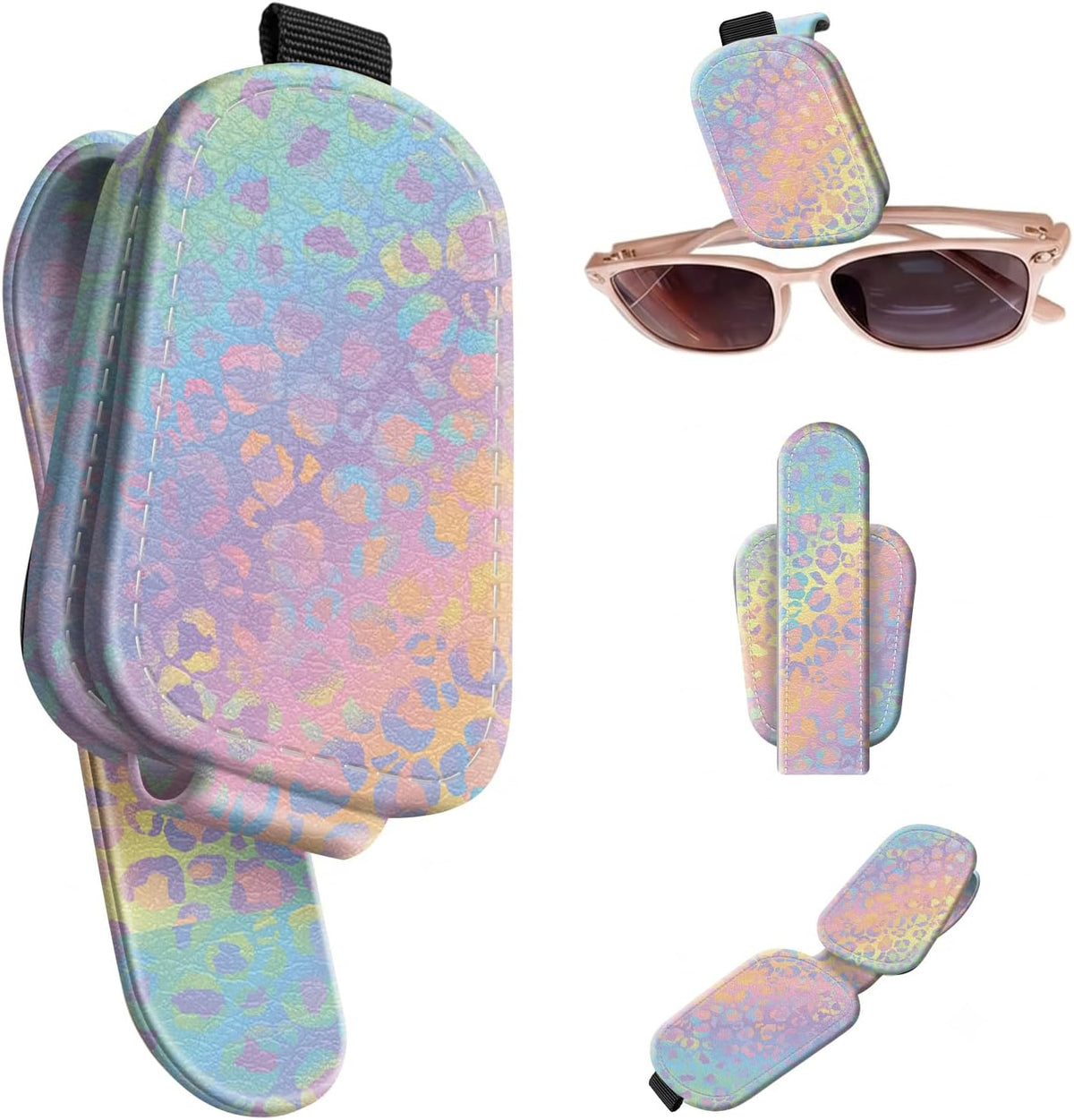 Sunglasses Holder for Car Visor, PU Leather Glasses Clip Organizer, Cute Magnetic Eyeglass Holder for Vehicle Sun Visor, Car Interior Accessory for Women & Men, Daisy Flower