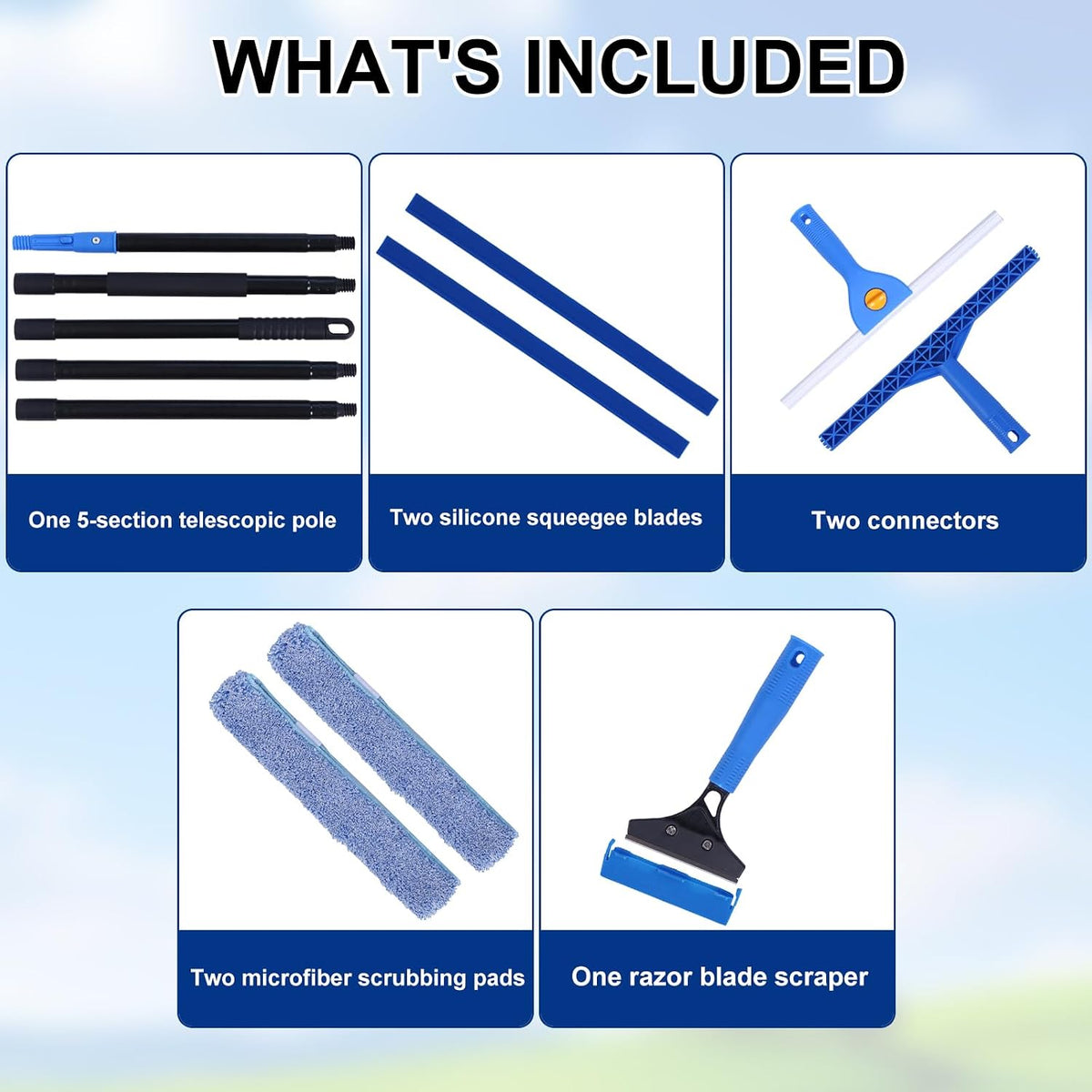 3-in-1 Professional Window Squeegee Kit with 2 Squeegee, 2 Microfiber Scrubber, 1 Razor Scraper, Thick Iron, 77.5" Window Squeegee with Extension Pole for Car, Glass, Mirror, Wall, Bathroom, Home, Van