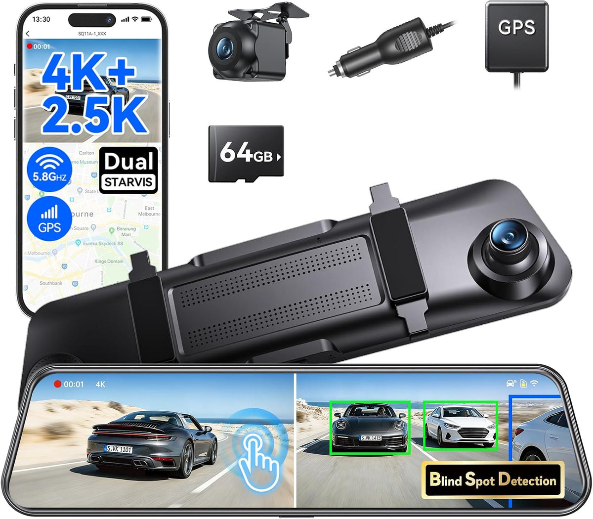 Mirror Dash Cam, 12 Touch Screen, 4K Front + 2.5K Rear Camera