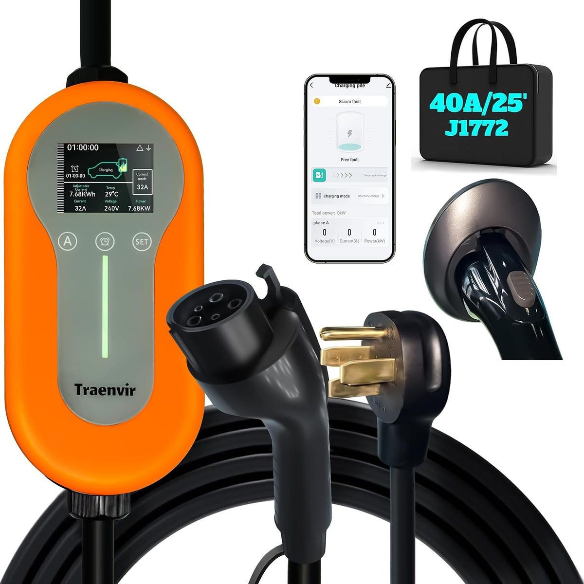 Portable EV Charger Level 2, 40Amp EV Charger for All SAE J1772 EVs, 9.6KW