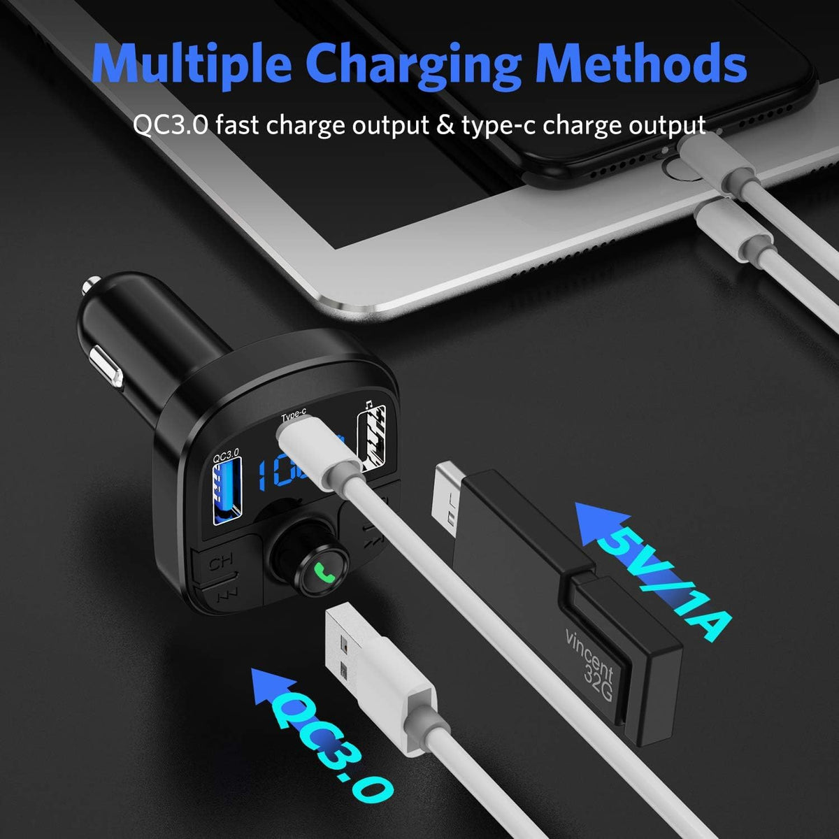 Bluetooth FM Transmitter for Car, BT 5.0 & QC3.0 Car Bluetooth Adapter with 5 EQ Mode, 3 Charging Ports Support USB Disk, TF Card Hands-Free Car Kits