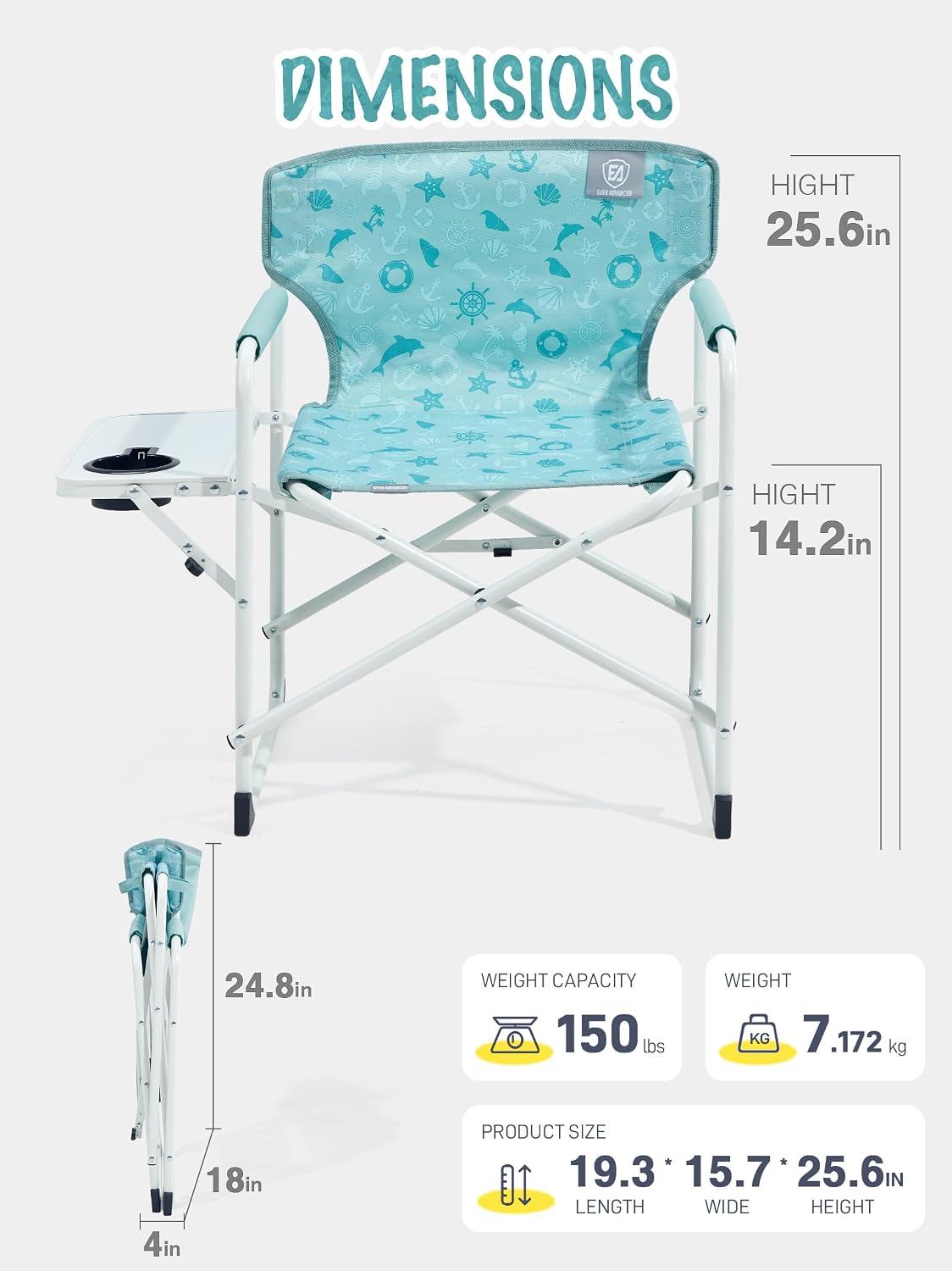 EVER ADVANCED Kids Directors Chair with Side table for Camping, RV & Sports, Padded Kid Outdoor Seat with Safety Lock, Lightweight Portable Camp Chairs for Beach, Balcony, Patio, Supports 150lbs Green
