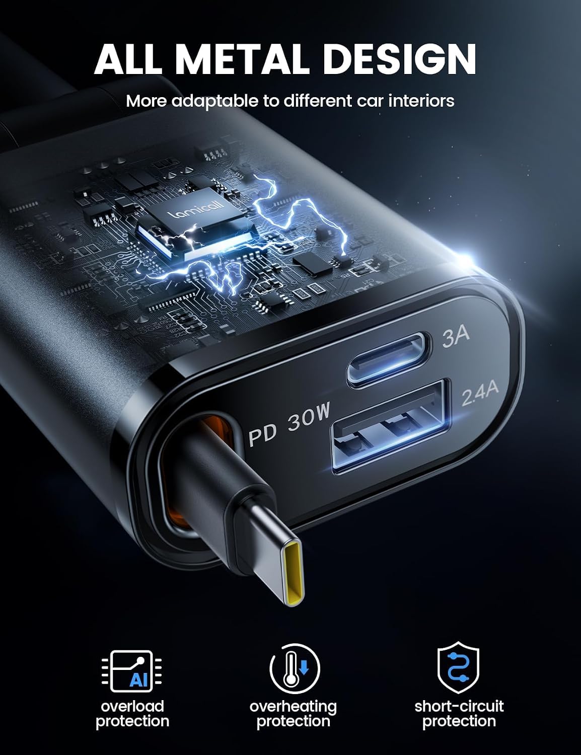 Lamicall Retractable Car Charger USB C 57W Charging for iPhone 18 17 16 Duo