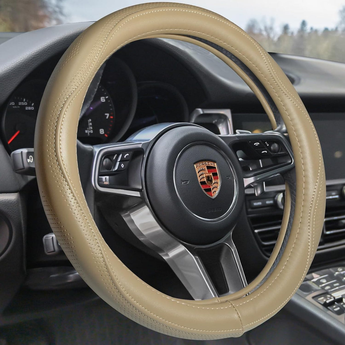 HAOKAY Top Grade Black Genuine Leather Steering Wheel Cover Women Men, Luxury Steering Wheel Cover for Cars, SUVS and Trucks, Universal 14.5-15 inch