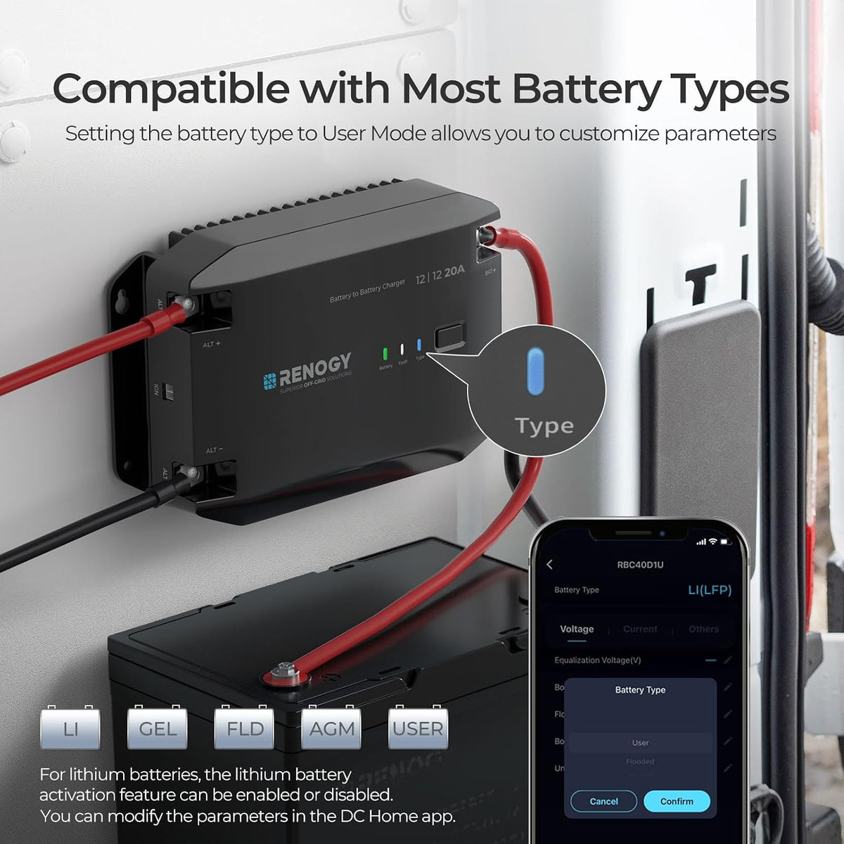 Renogy 12V 20A DC to DC Battery Charger with Multi-Stage Charging and Bluetooth Compatibility for Flooded, Gel, AGM, and Lithium Batteries in RVs, Commercial Vehicles, Boats, and Yachts