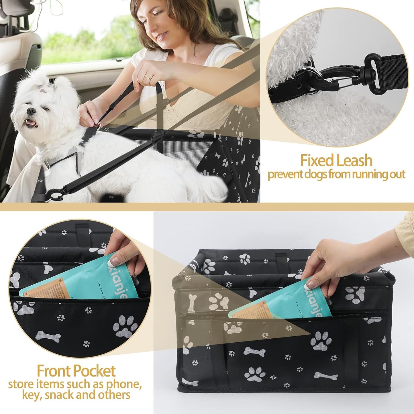Dog Car Seat, Foldable Dog Car Booster Seat Waterproof Breathable Oxford Travel Bag for Small to Medium Dogs, Puppies, and Pets-Pattern Black