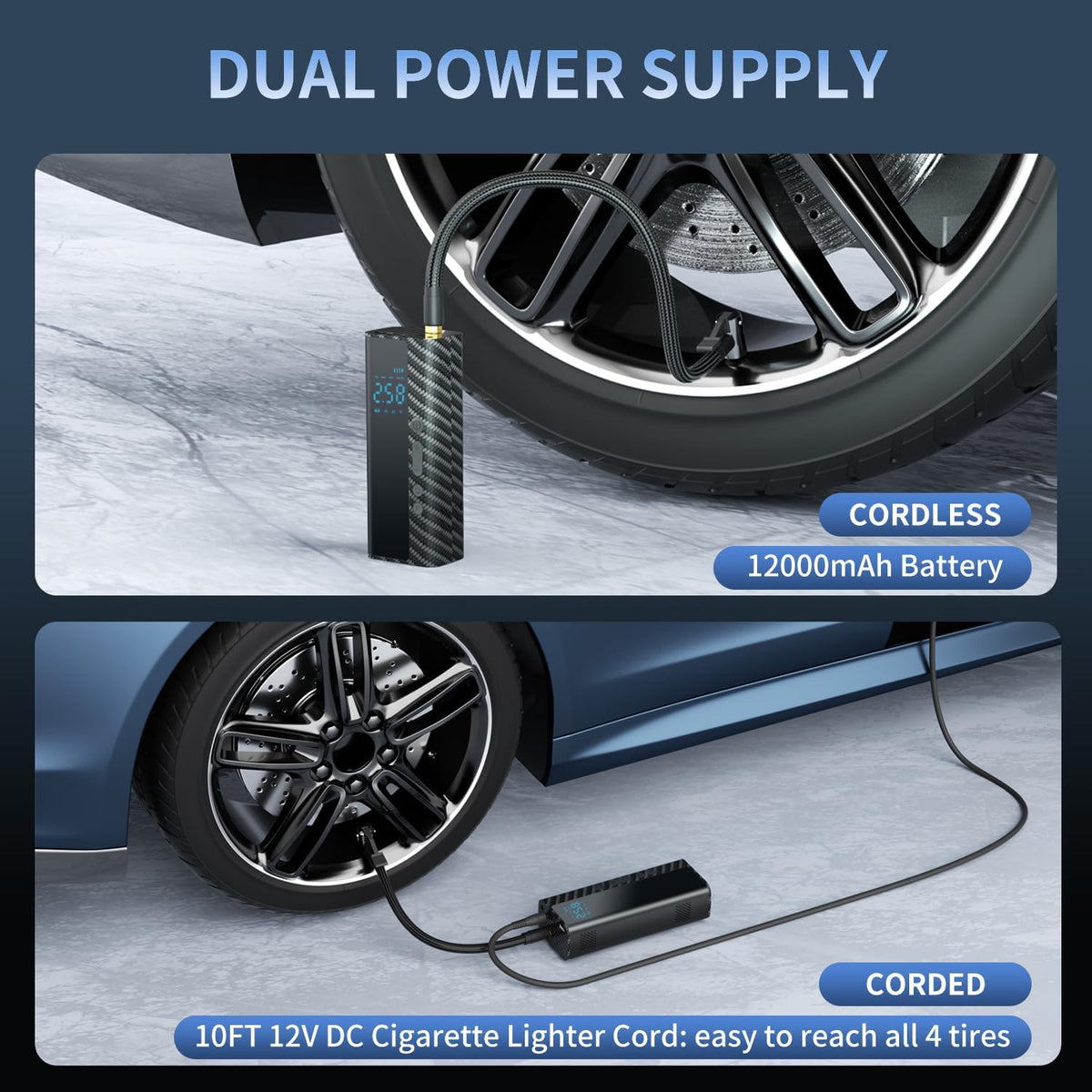 Tire Inflator Portable Air Compressor, 3X Faster True 150PSI Air Pump for Car Tires 12000mAh &12V DC Bike Tire, Cordless Tire Pump for Car, Bicycle, Motorcycle, Ball, with Tire Pressure Gauge-Auto OFF