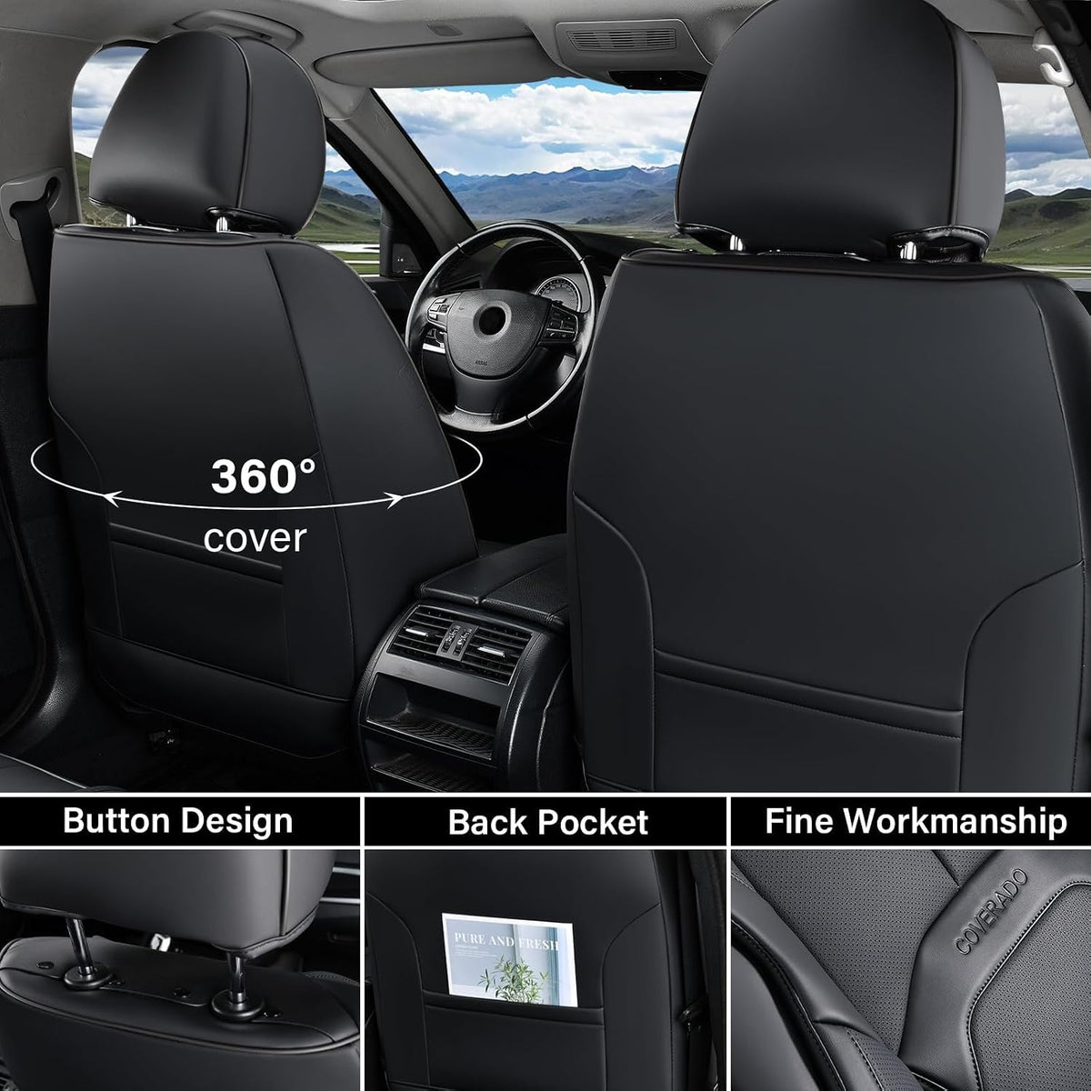 Coverado Car Seat Covers Full Set, Premium Nappa Leather Seat Covers for Car, Waterproof Car Seat Protector with Lumbar Support, Automotive Seat Covers Universal Fit for Most Cars SUV Truck(Black)