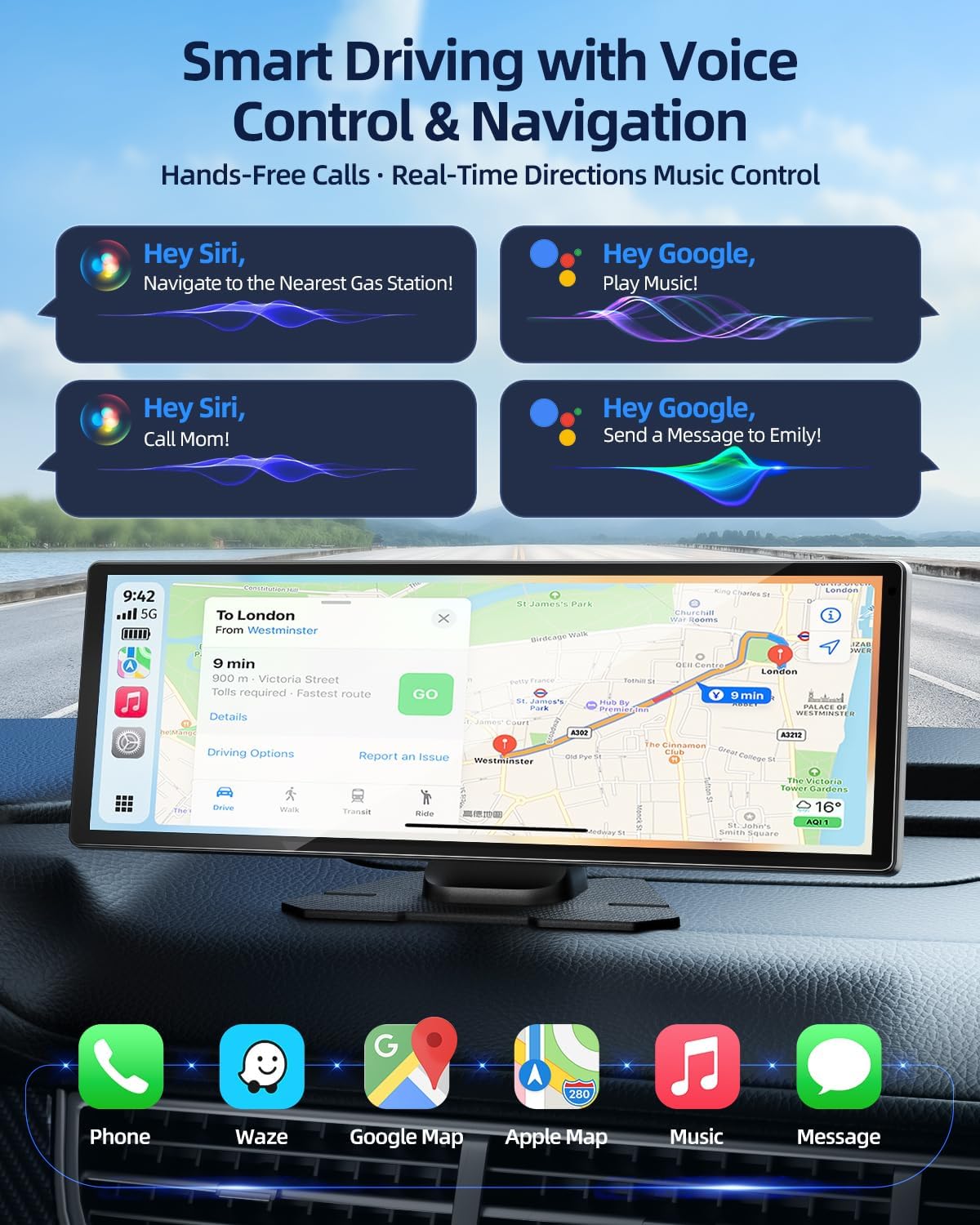 11.5-Inch Larger Wireless Apple CarPlay Screen, Android Auto, 4K Dash Cam