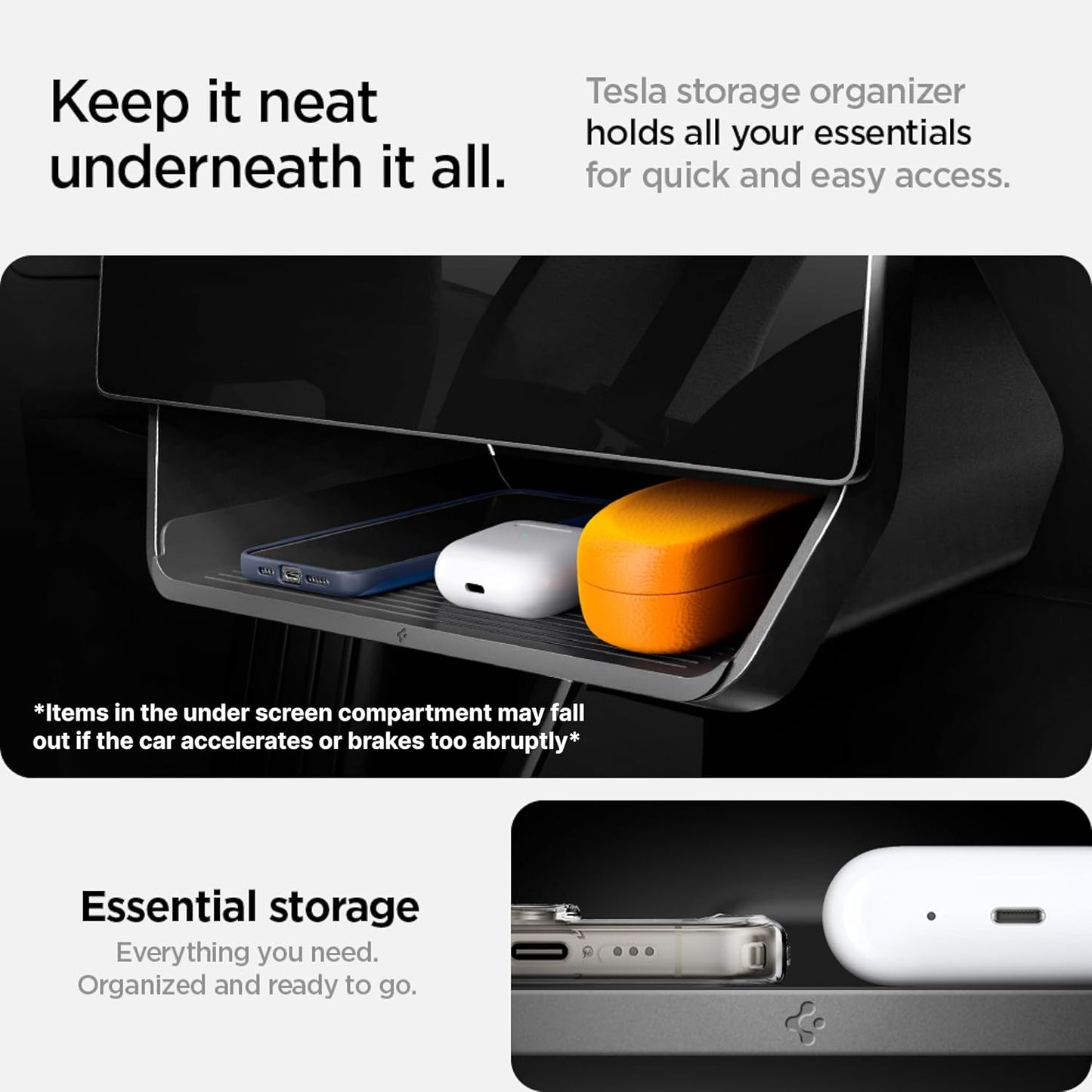 Spigen Under Screen Storage Organizer for Tesla Model Y (2020-2024) & Model 3 (2017-2023) [Not Compatible with Model Y Juniper 2025/26 & Model 3 Highland 2024/25]