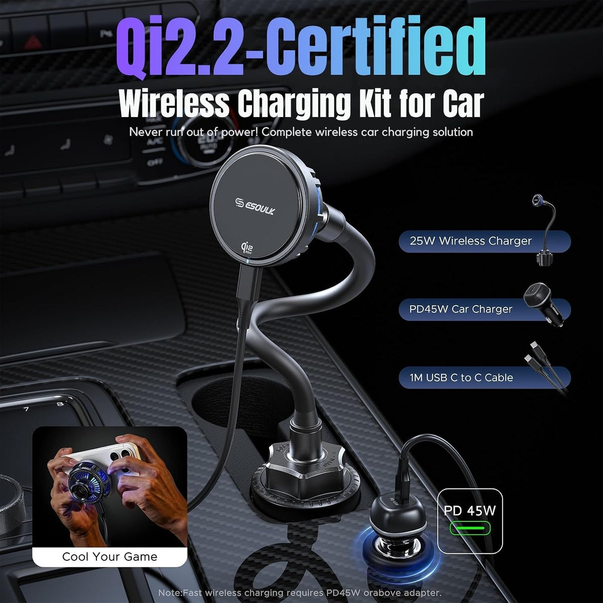 Qi2 25W Cooling Wireless Charger 15 Inch Cup Holder Phone Mount
