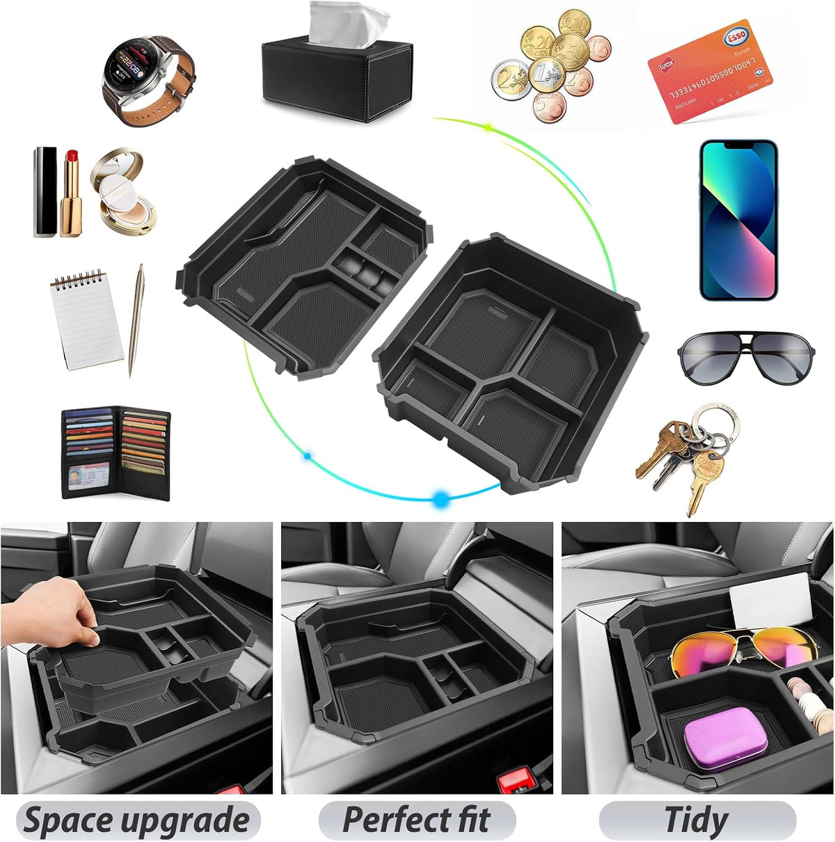 SKTU 2-Pack for 2024 2025 2026 Tesla Cybertruck Center Console Organizer 2024 2025 2026 Cybertruck Console Tray Cybertruck Armrest Tray Tesla Cybertruck 2024 2025 2026 Accessories with Coin Holder